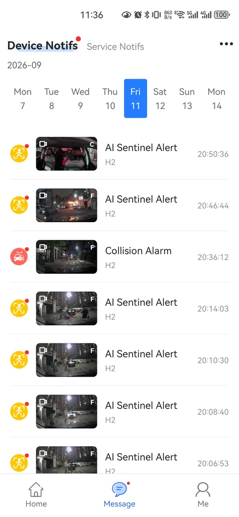 The SmartSF App notification list on a phone: AI Sentinel alerts and a collision alarm from an H2, each with the clip it locked and the time it happened