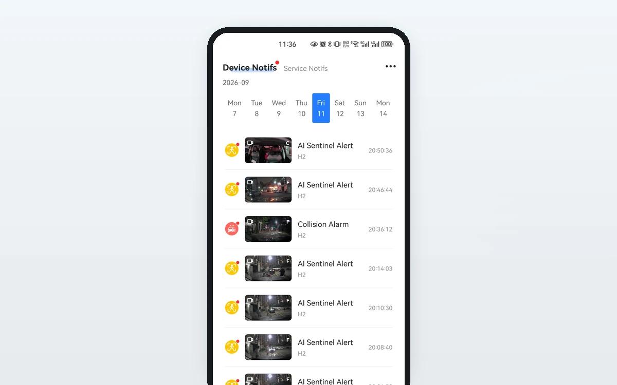 The SmartSF App notification list — AI Sentinel, vibration and collision alerts, each with a clip