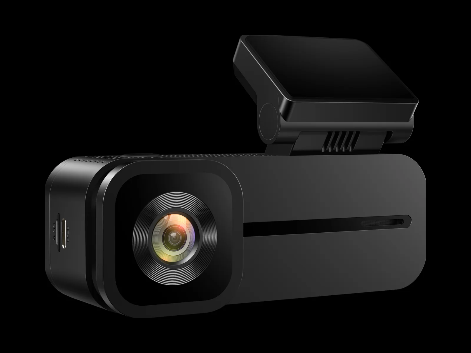 SmartSF H2 dash camera, front view with lens detail on dark ground