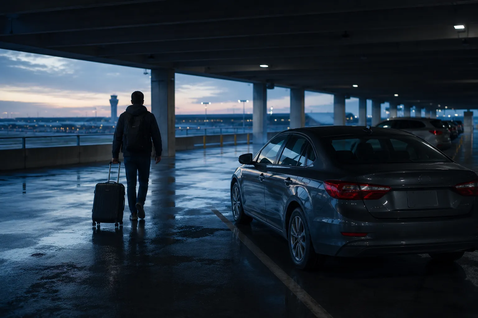 A traveler rolling a suitcase away from his parked car in an airport garage