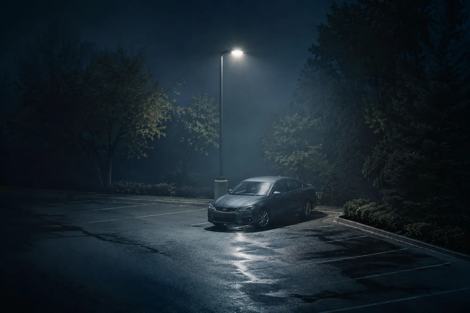 A quiet parking lot at 2 a.m. — a sedan under a single streetlamp