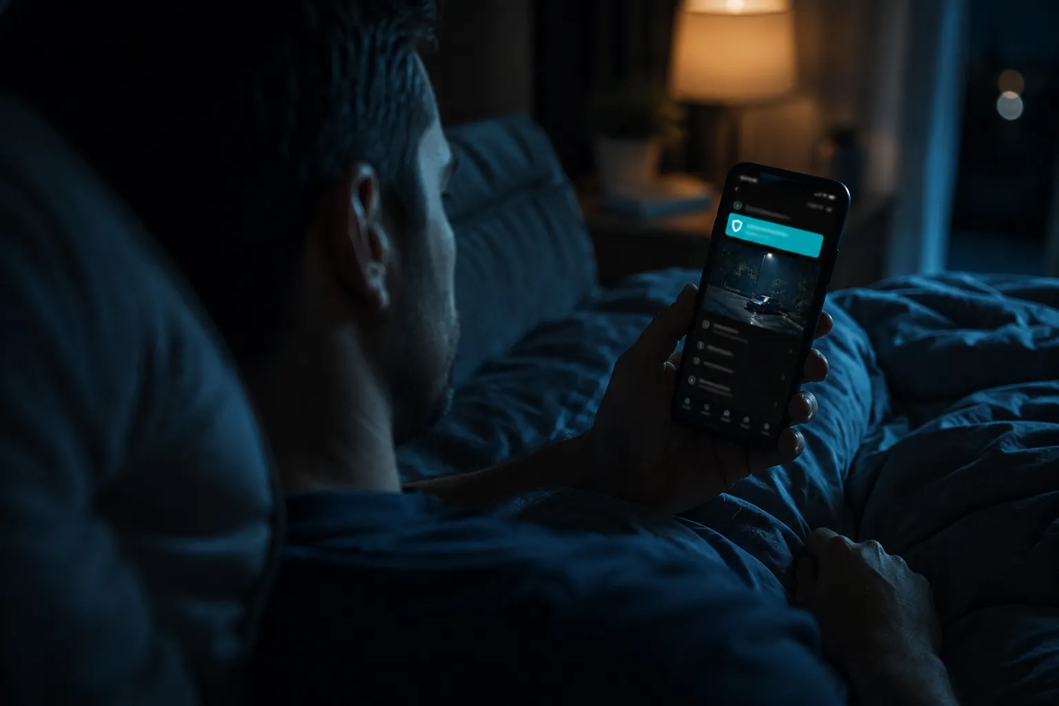 A man in bed at night checking a security alert on his phone