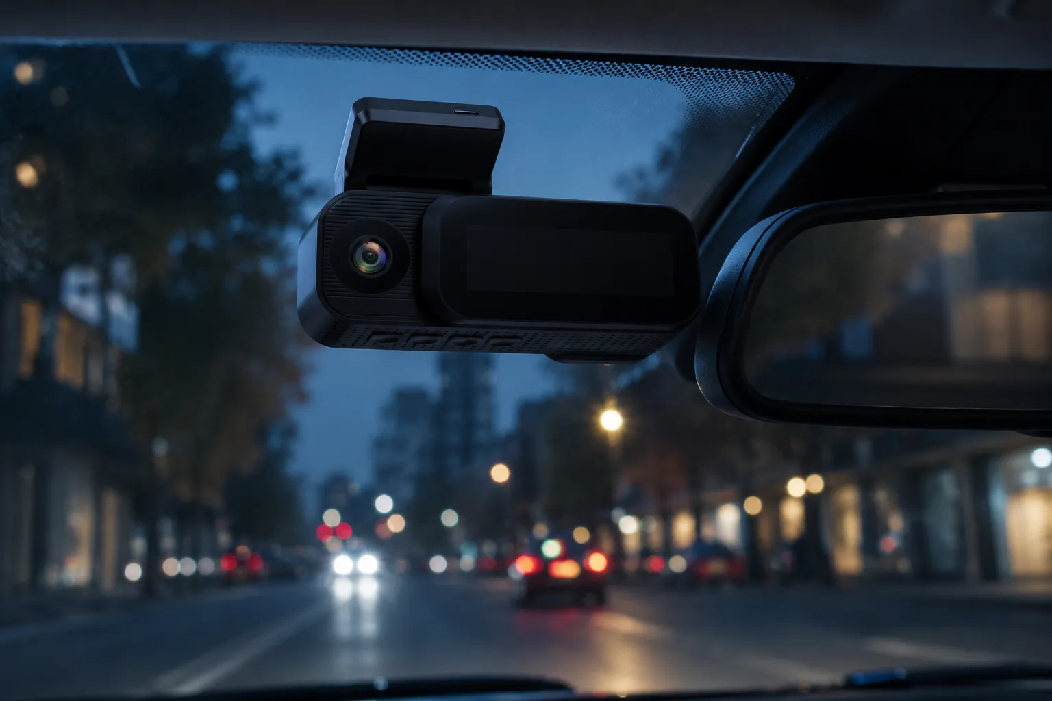 SmartSF H2 mounted behind the rearview mirror, city street at dusk through the windshield